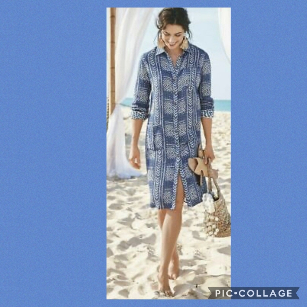 Soft Surroundings Galina Cotton Gauze Shirt Dress Beach Coverup Blue S Petite